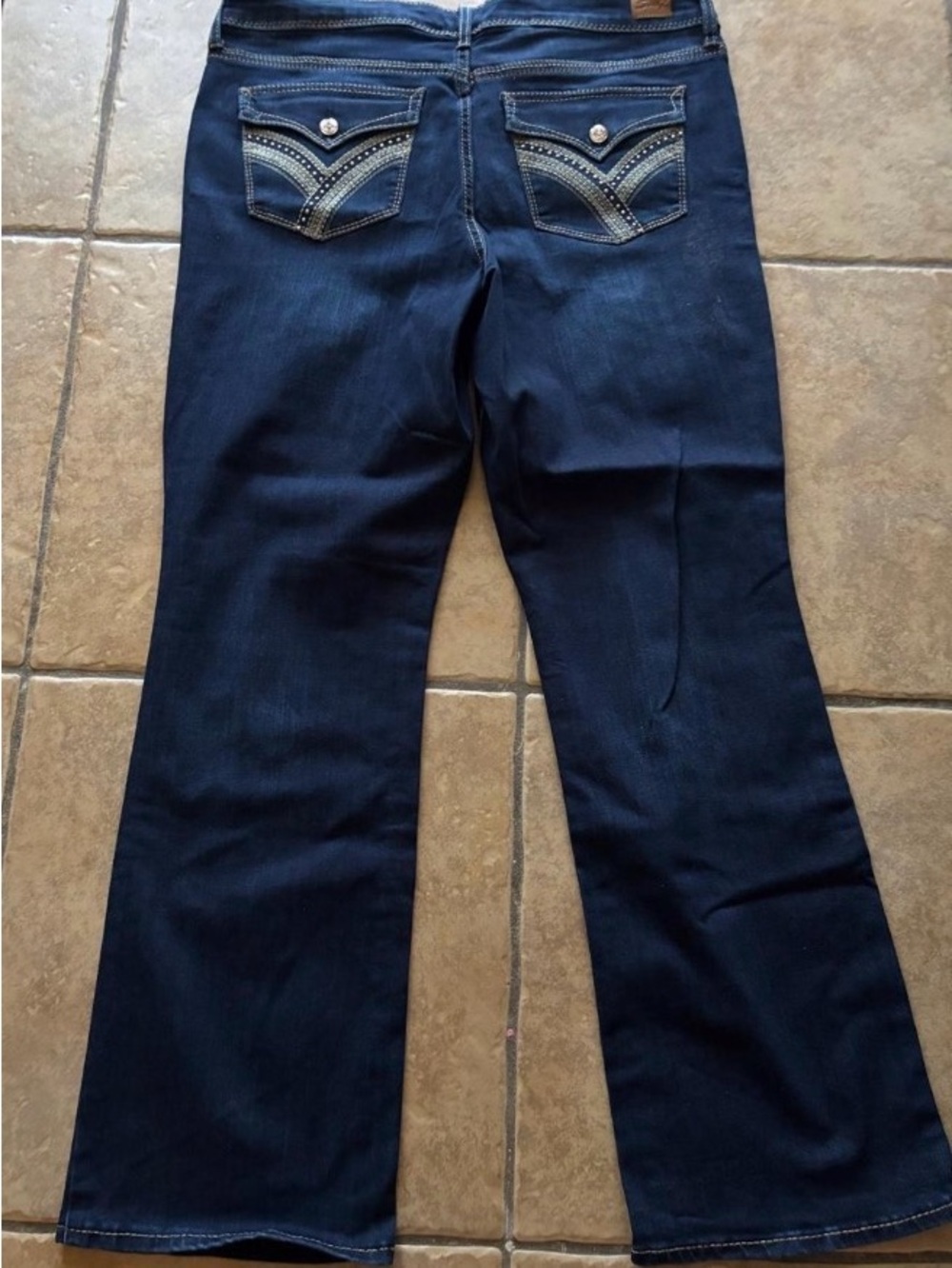 Seven7 Dark Blue Flare Jeans with Embellished Back Pockets